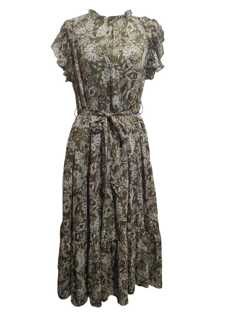Blu Pepper Olive Paisley Midi Dress Ruffle Sleeve Sheer Bodice Tie Waist Boho M